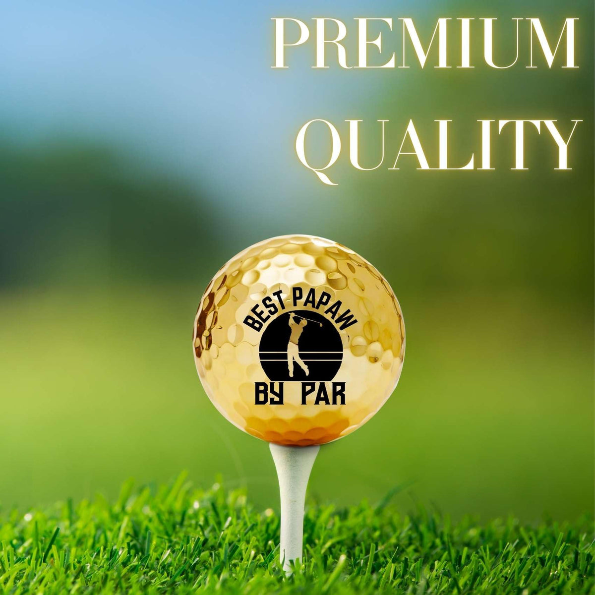 CybGene Funny Papaw golf balls gold on green ready for play