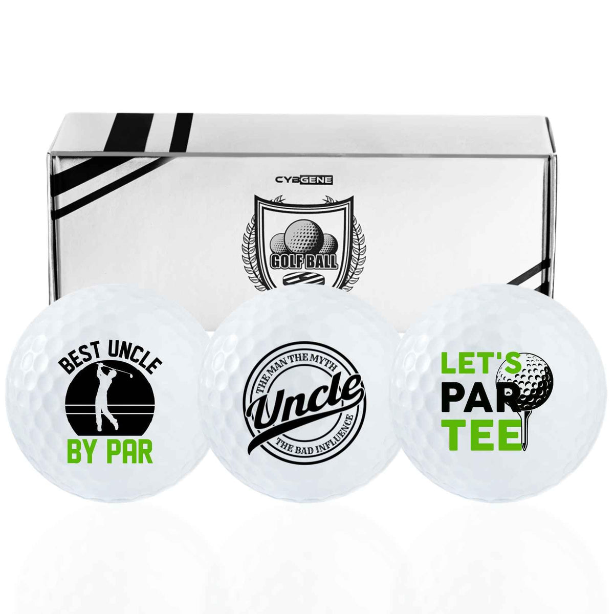 CybGene funny uncle golf balls set front view with unique designs for gifting.