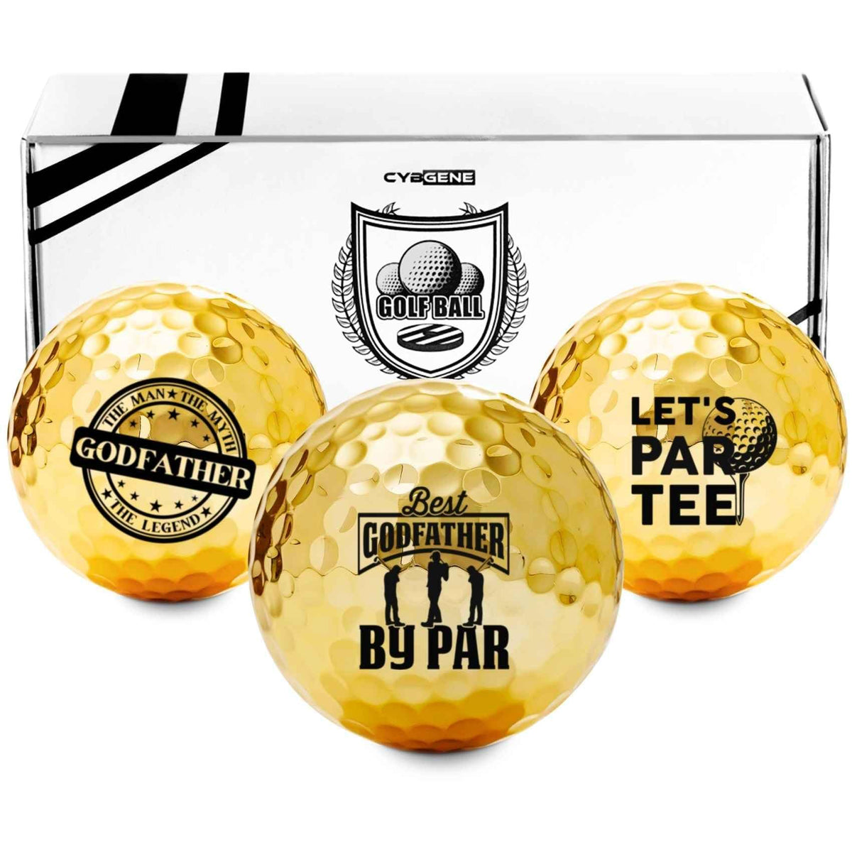 CybGene Godfather golf balls with gold design, ideal gift for golf lovers.