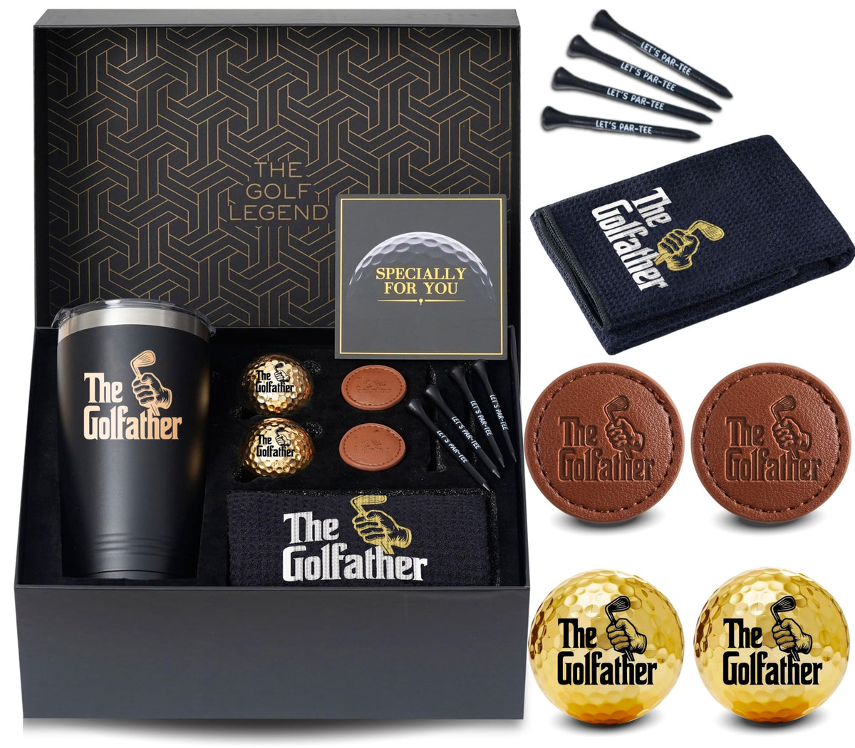 CybGene Godfather tumbler with gold-foil monogram keeps drinks hot or cold on the course.