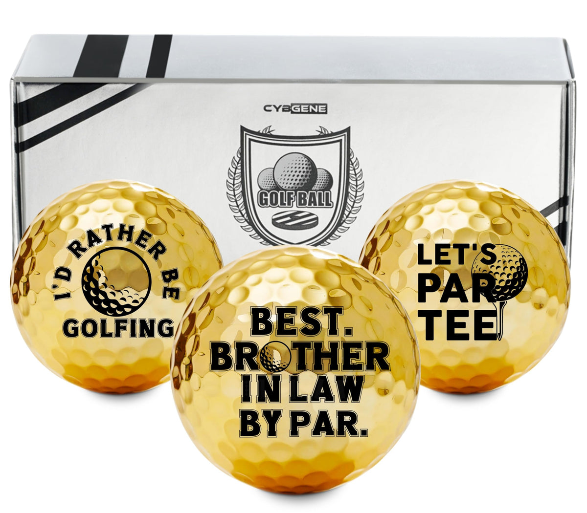 CybGene gold-colored golf balls front view showing luxury finish on course