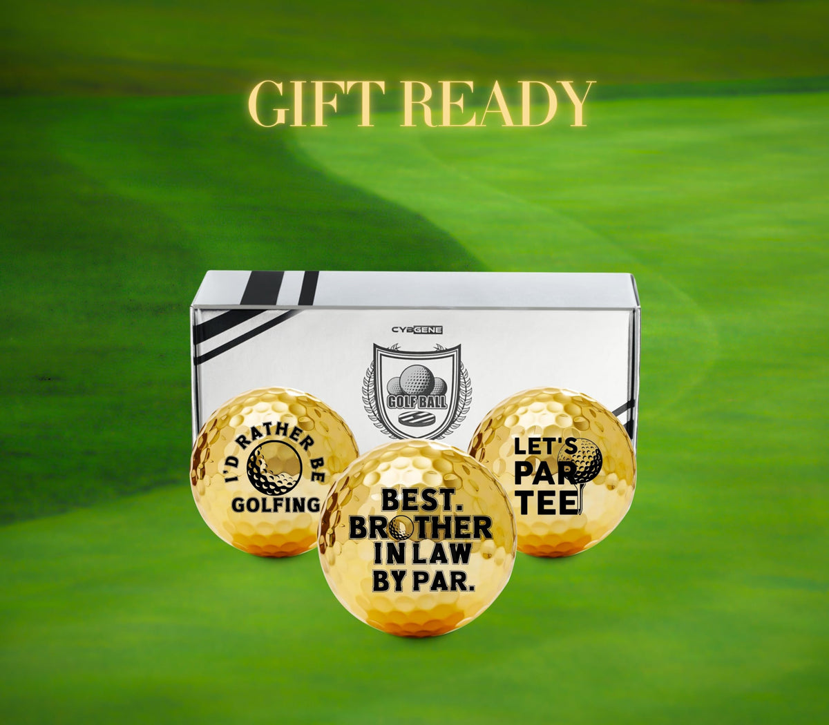 CybGene gold-colored golf balls, a gift-ready luxury for golf lovers