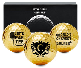 CybGene gold finish golf ball shimmering on the green for a premium look.