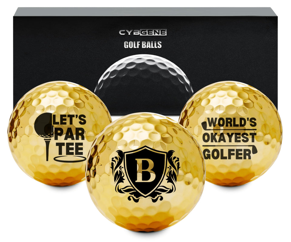CyBGene gold golf ball front view highlights premium finish for standout aesthetics and performance.