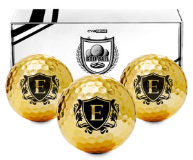 CybGene gold golf balls 3-pack front view with luxurious design