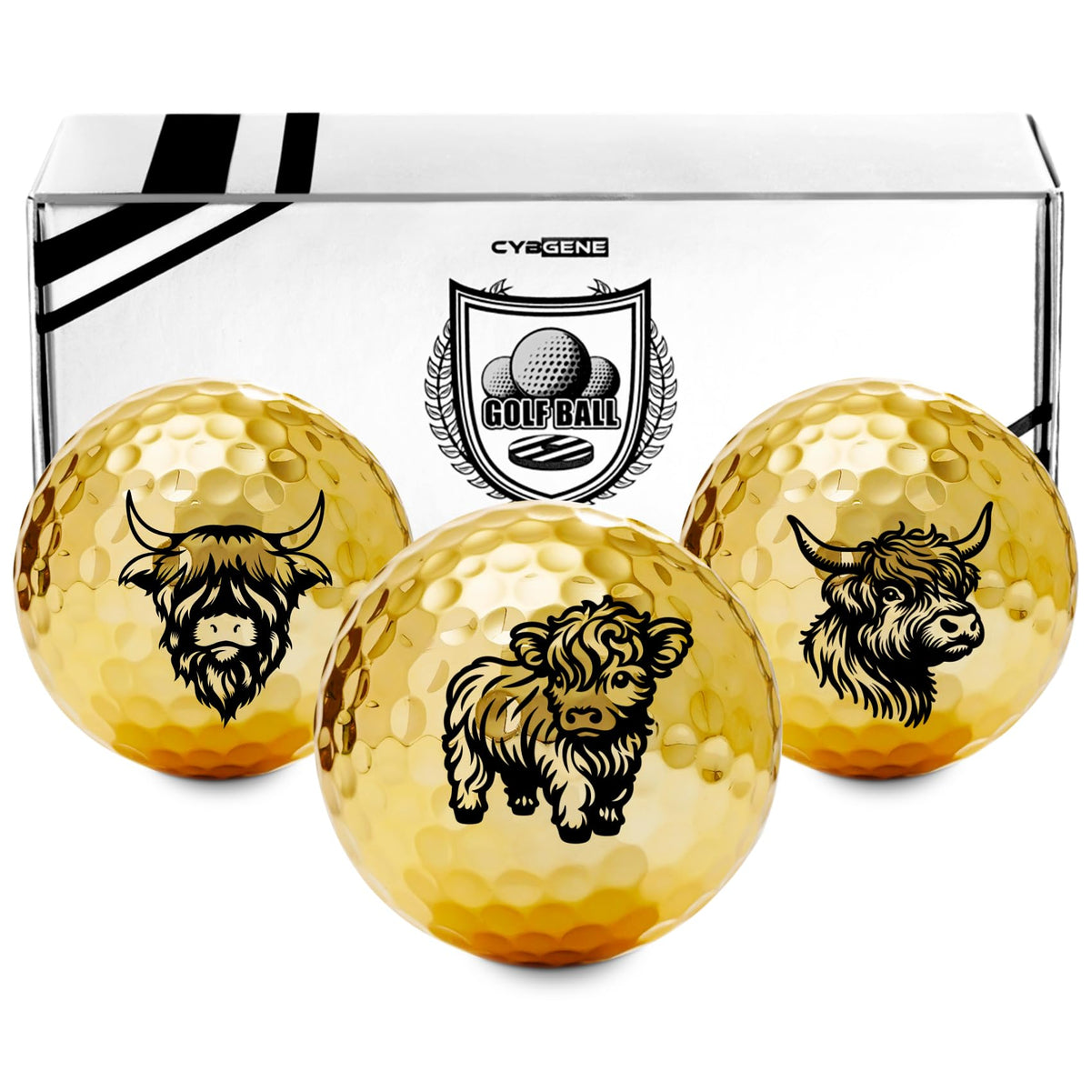 CybGene gold golf balls 3-pack with a premium finish for standout on-course visibility