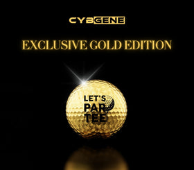 CybGene gold golf balls closeup highlighting luxurious electroplated finish for stylish rounds.