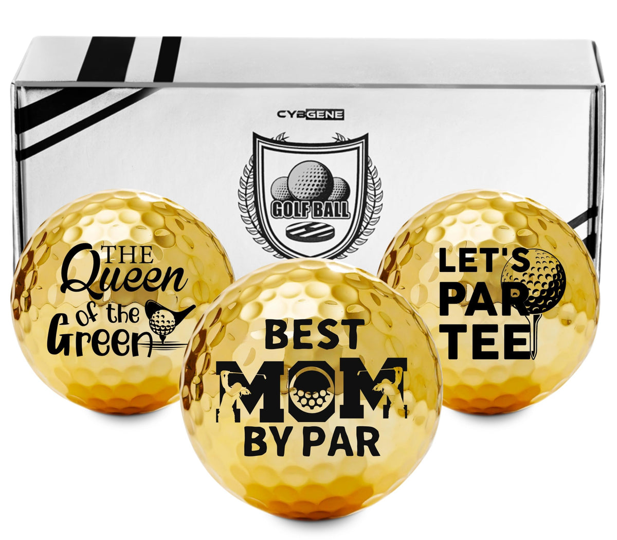 CybGene gold golf balls with electroplated outer layer shine on impact and luxury.