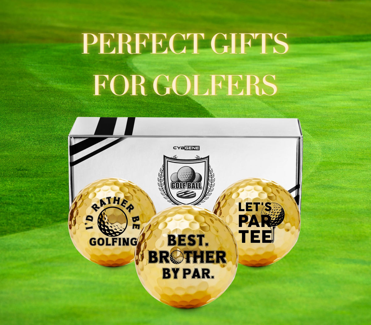 CybGene gold golf balls on course ready for memorable rounds.