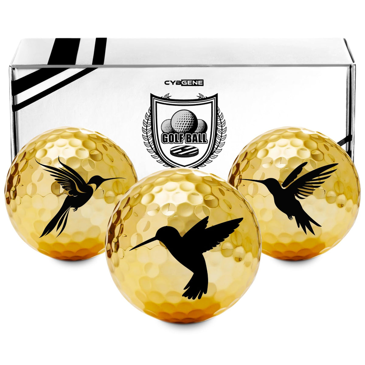 CybGene gold hummingbird golf ball outer layer showcases premium aesthetics on the course.