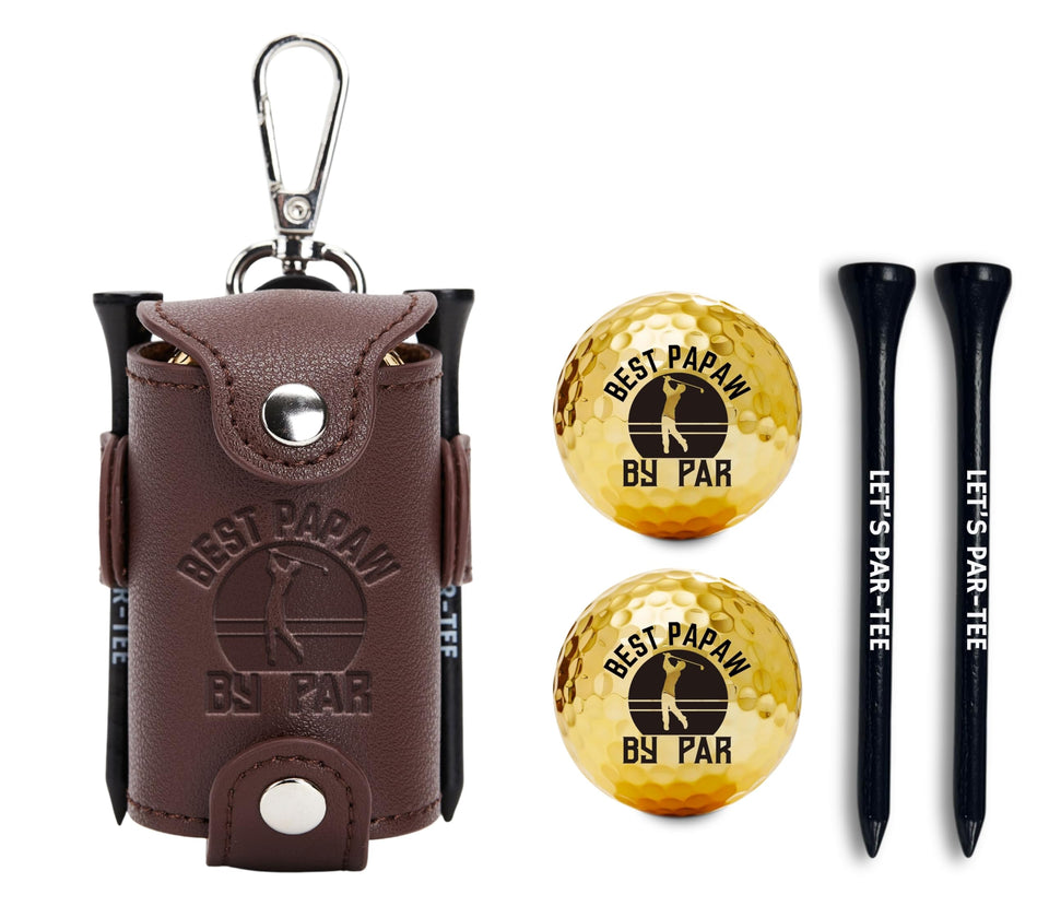 CybGene Papaw Gifts leather ball pouch with embossed logo for durable golf storage.