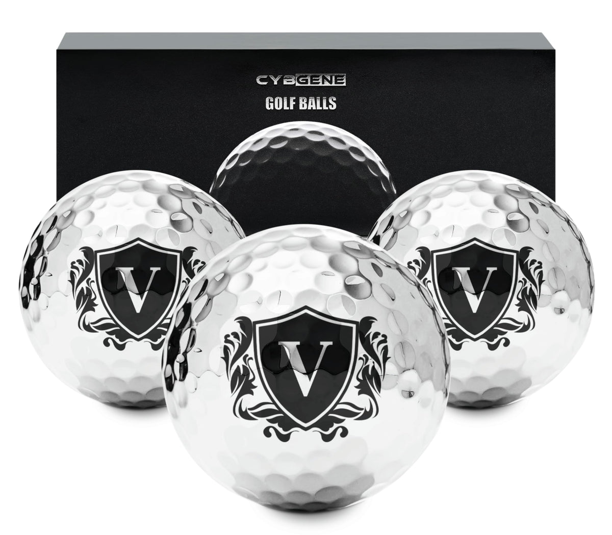 CybGene personalized golf balls with silver design for premium on-course presence.