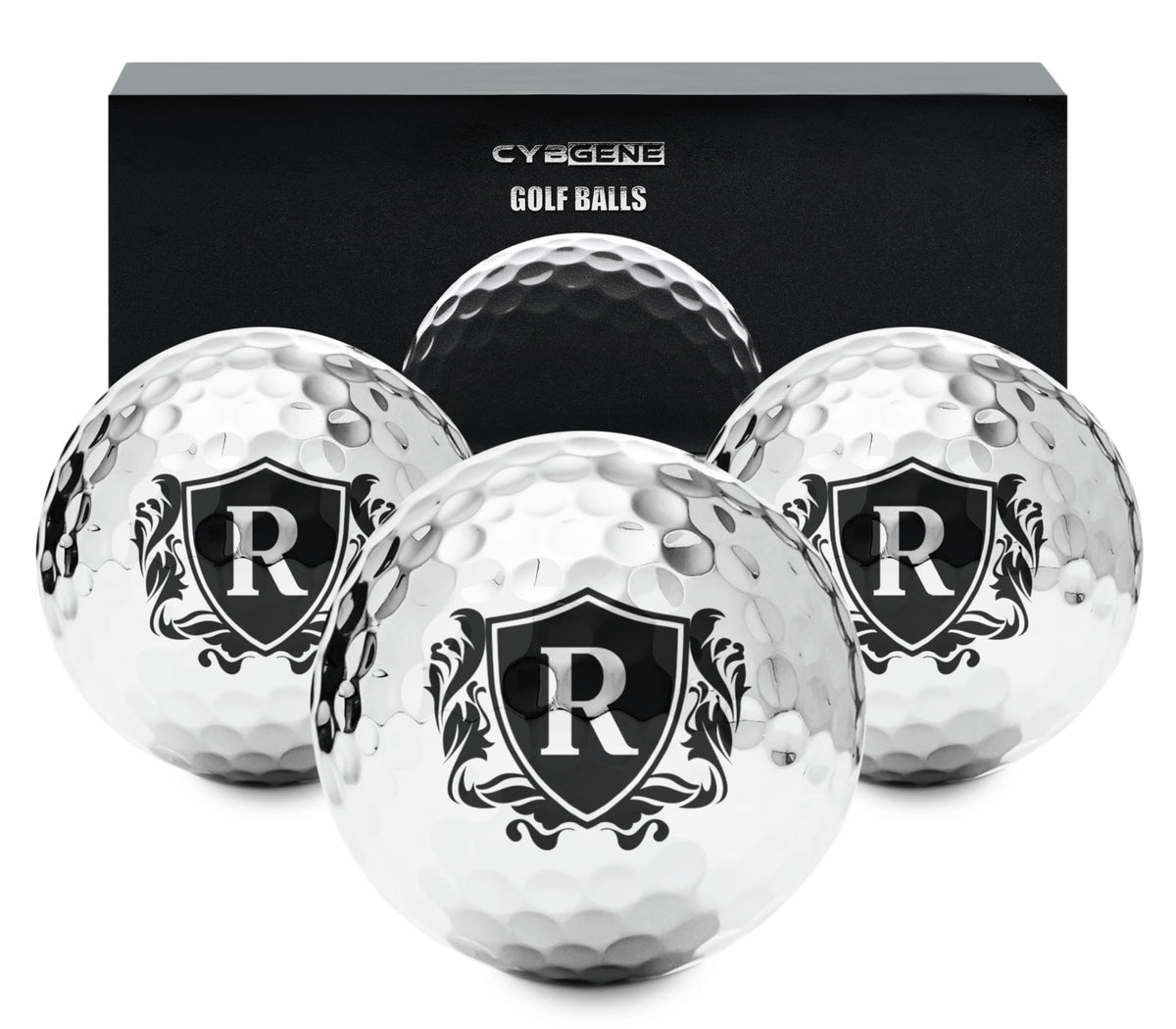 CybGene personalized golf balls with silver front view for on-course style