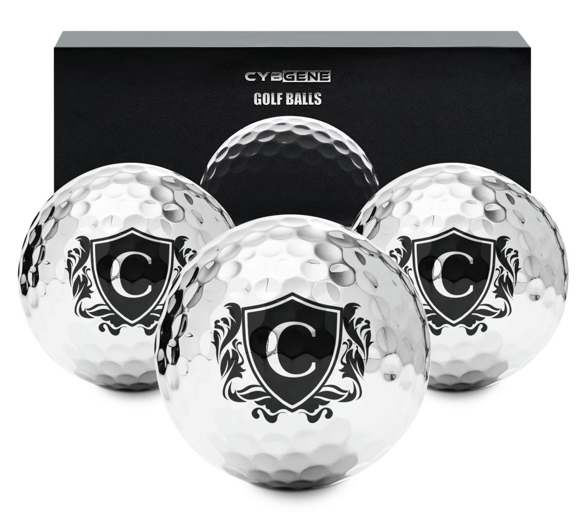 CybGene personalized golf balls in silver pack front enhance on course visibility.