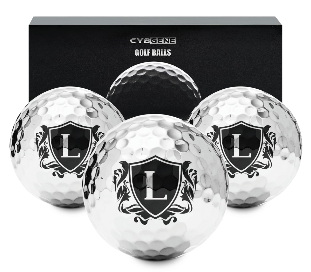 CybGene personalized silver golf balls with initials for a distinctive look on the course.
