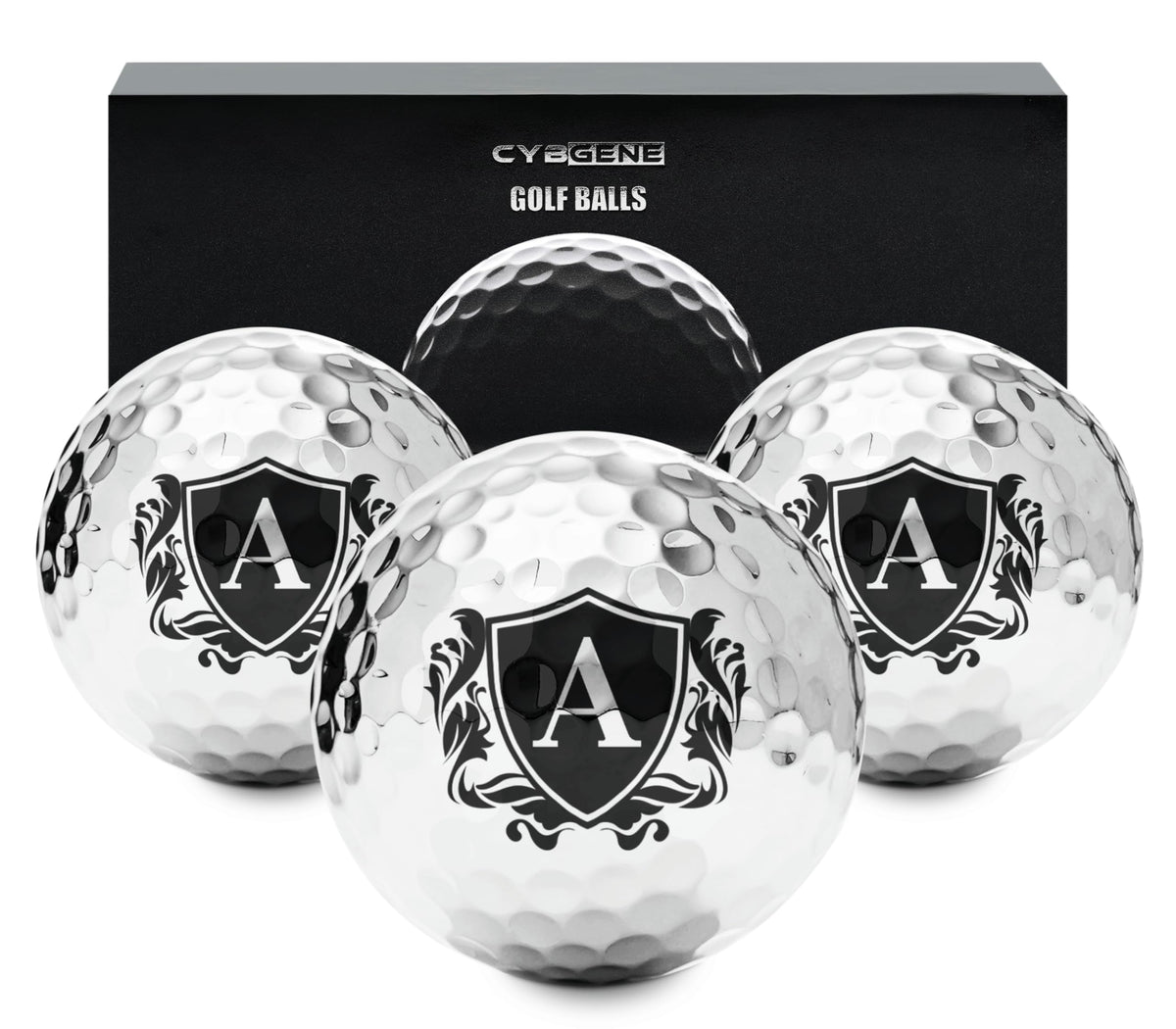 CybGene personalized silver golf ball front view for standout style on course