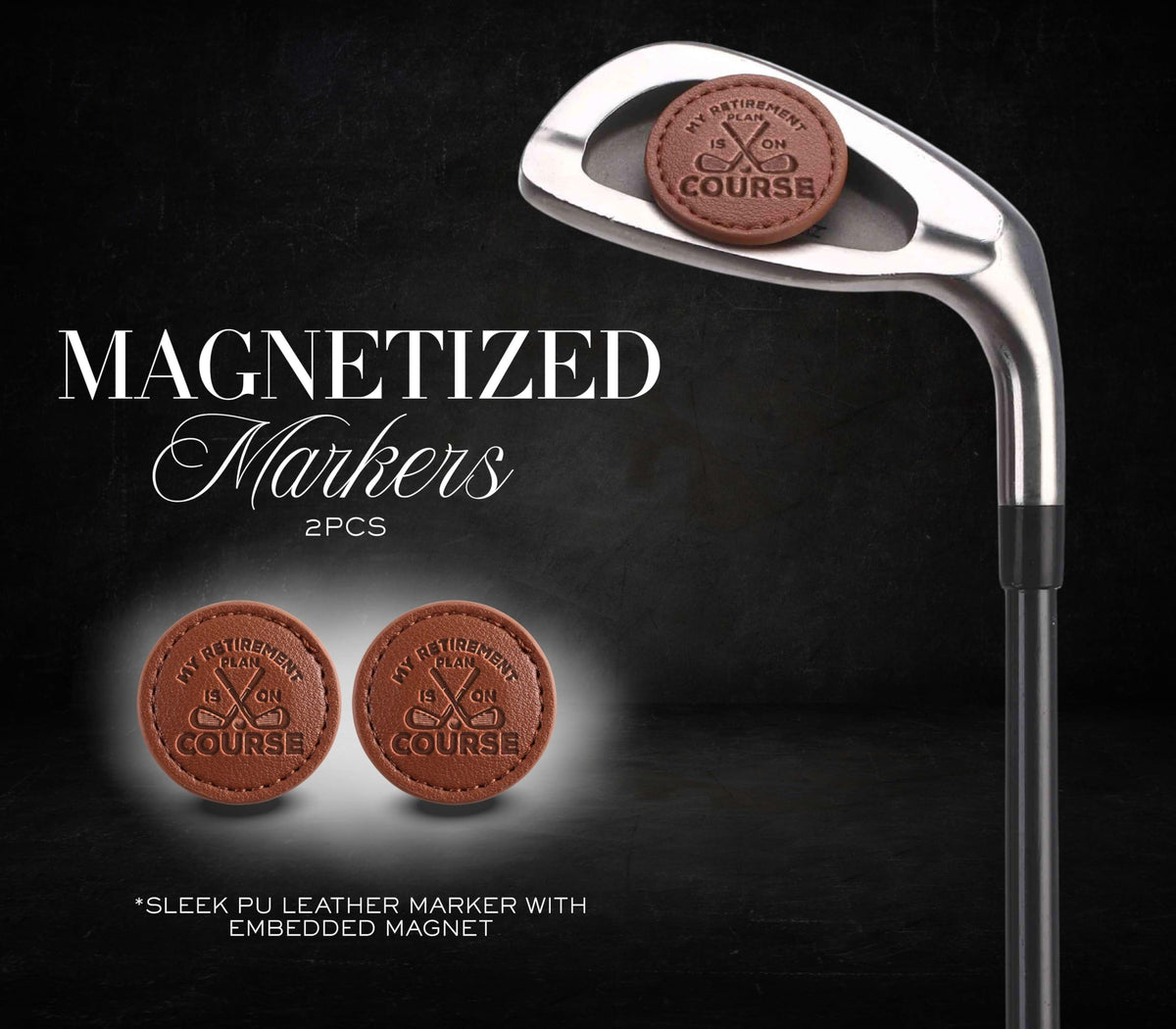 CybGene retirement gift set ball markers in PU leather case for secure, quick alignment.