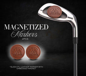 CybGene retirement gift set ball markers in PU leather case for secure, quick alignment.
