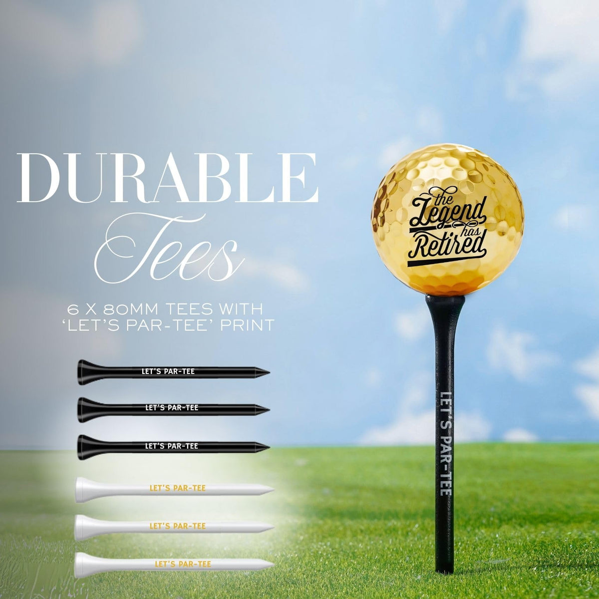 CybGene retirement golf gift-set combines balls, marker, tees for gifting.