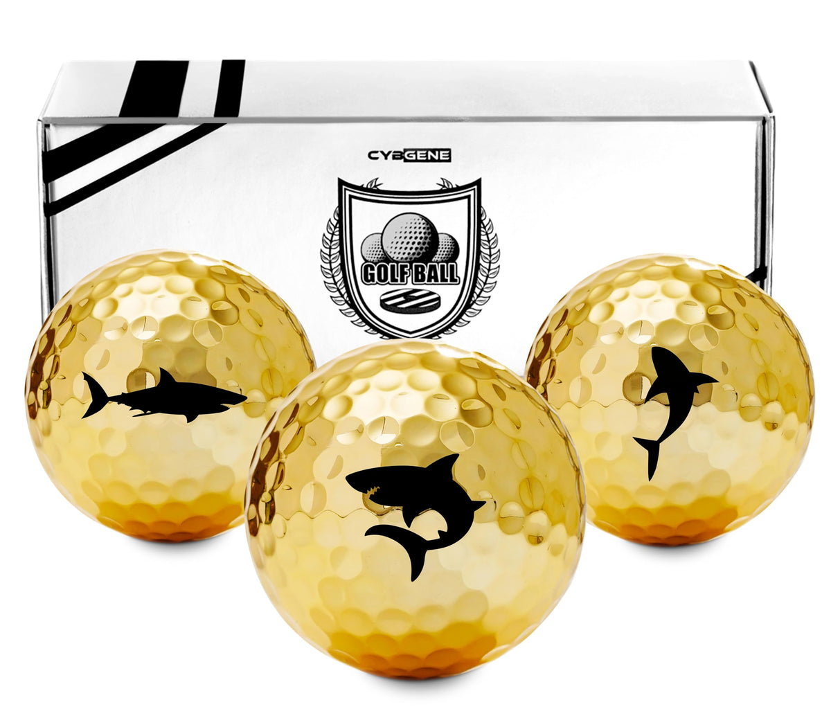 CybGene Shark golf gifts pattern on gold ball boosts course presence