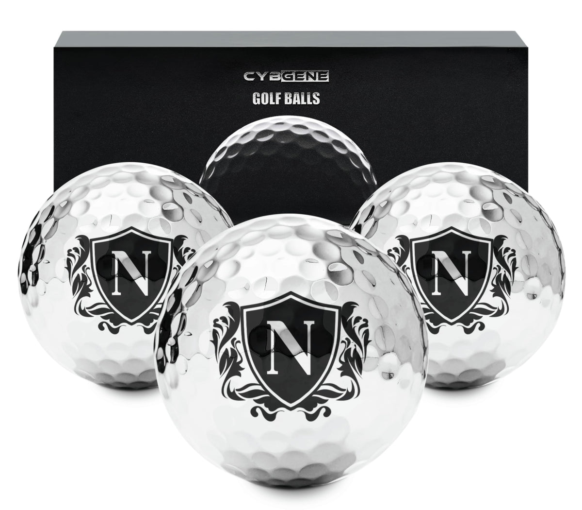 CybGene silver golf ball front design highlights premium style on the course.