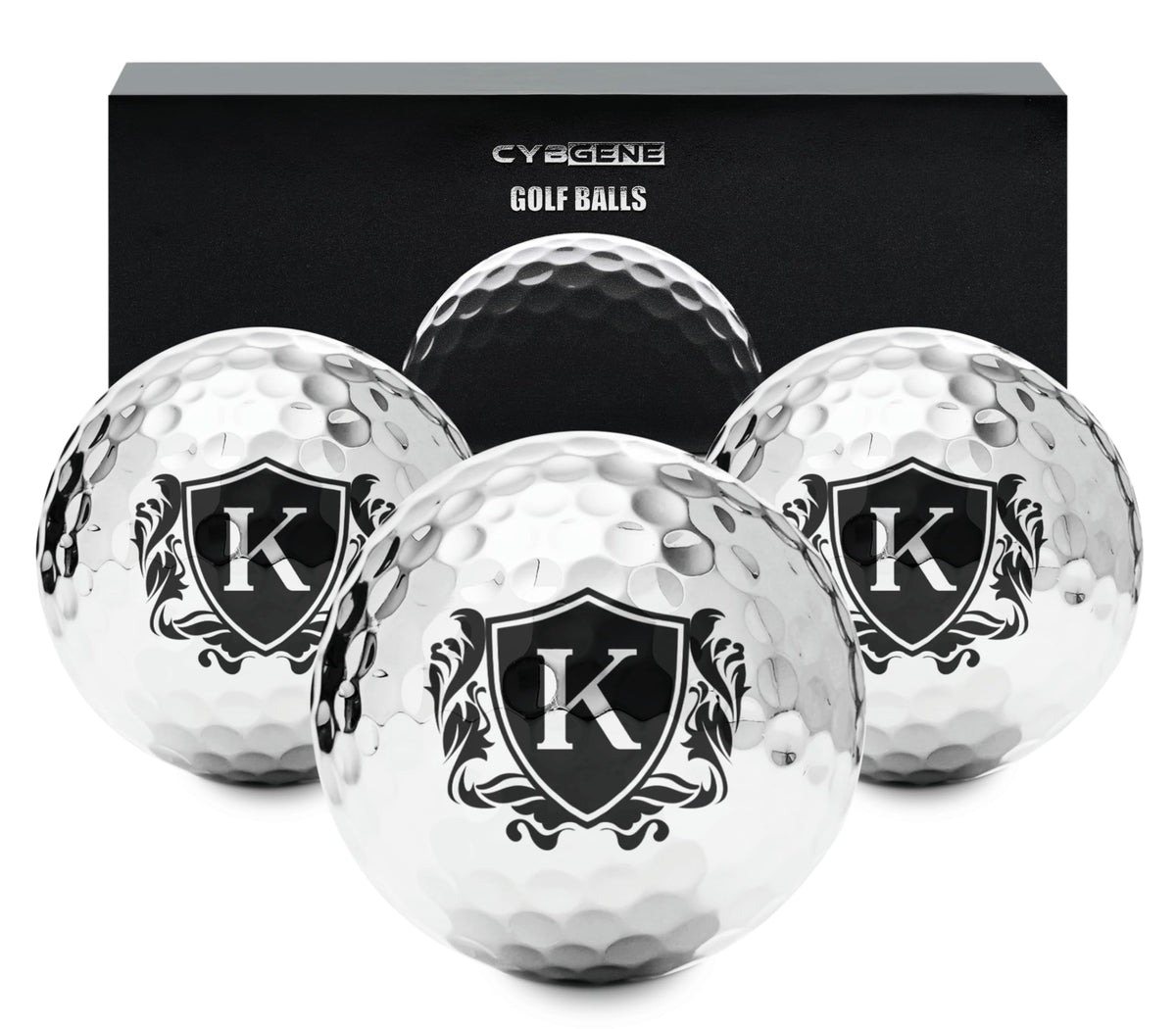CybGene silver golf ball front view with radiant finish for stylish play