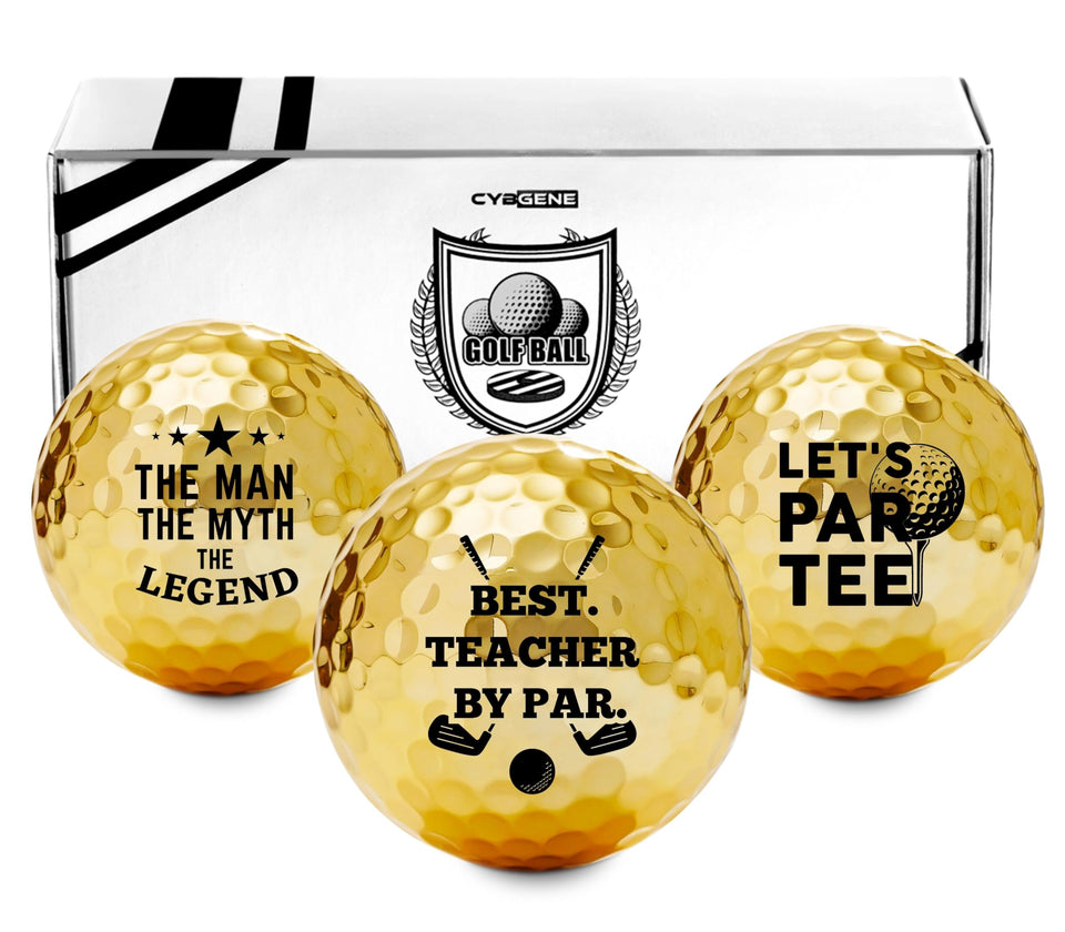 CybGene teacher appreciation golf balls with a gold pattern, ideal for gifting.