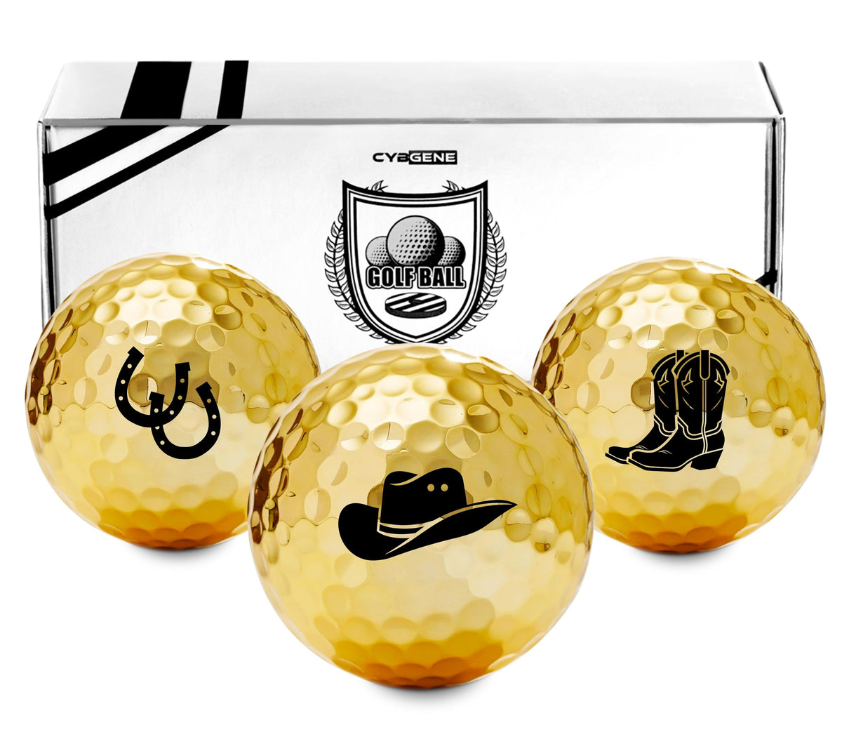 CybGene Western gold-pattern golf ball close-up with premium design.