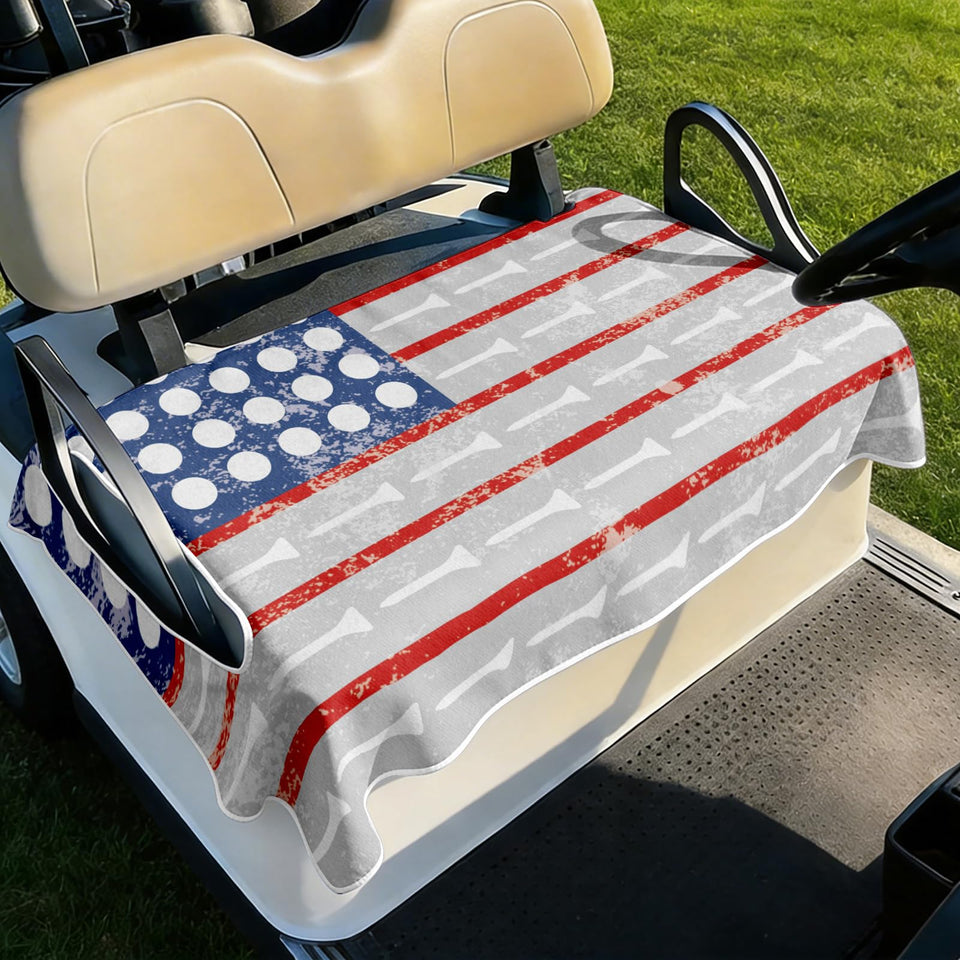 Cylanta American flag golf cart seat cover protects two-seater seats with patriotic style.