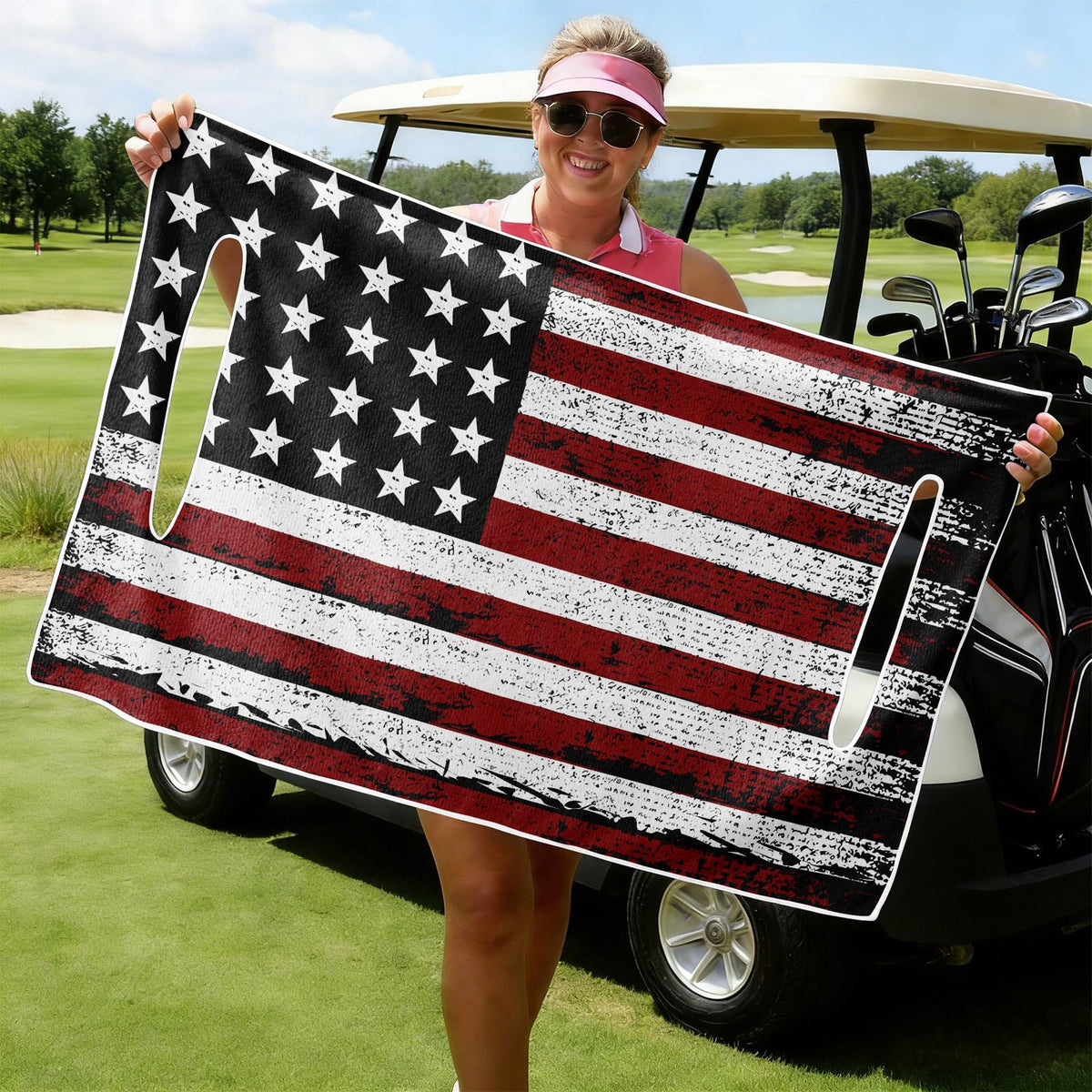 Cylanta American flag cover fits a 2-seat cart, enhancing comfort and seat protection.