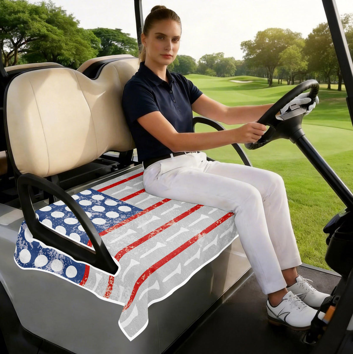Cylanta easy-install golf cart seat cover mounts over armrests without tools.