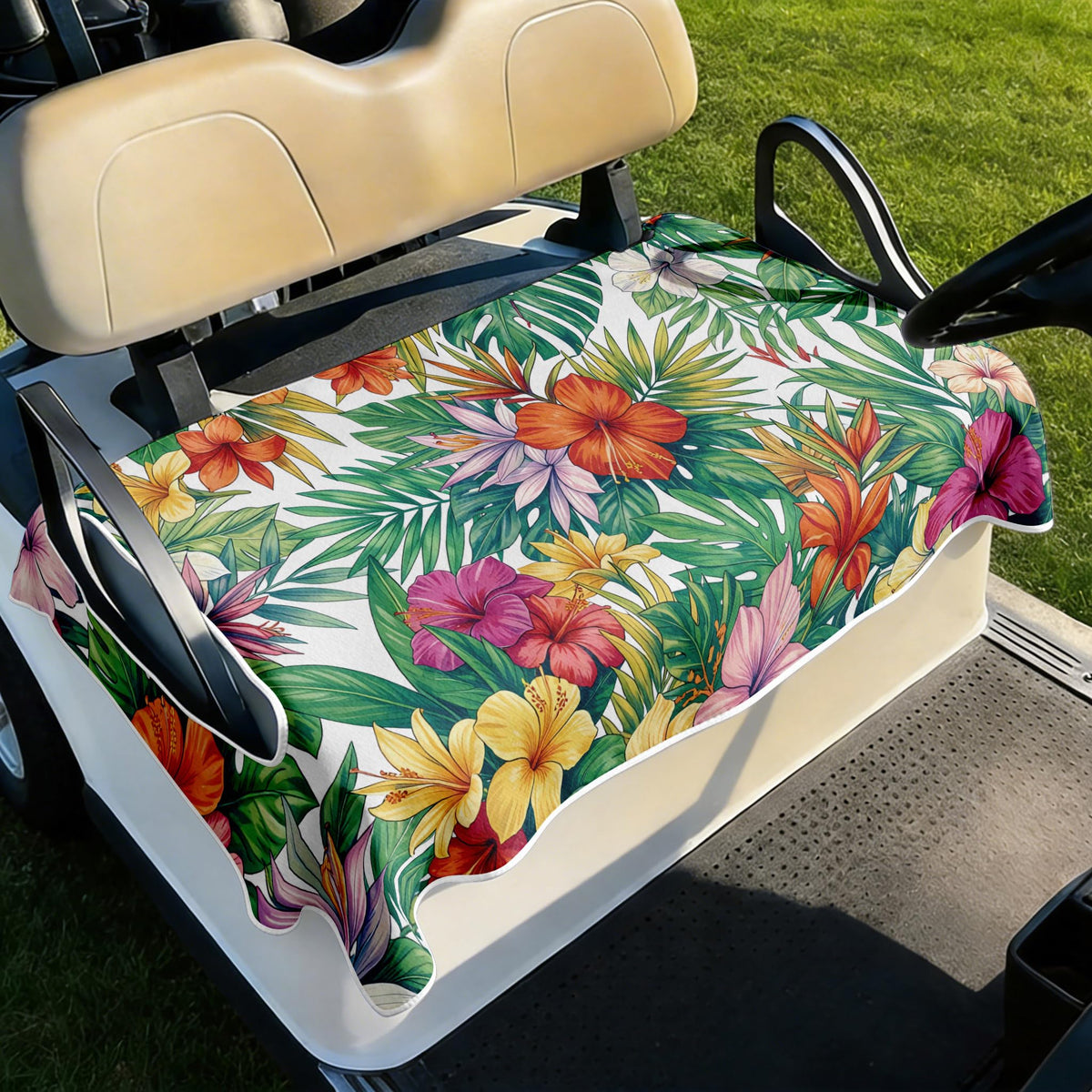 Cylanta universal-fit golf cart seat cover for two-seat carts with armrests, ready to install.