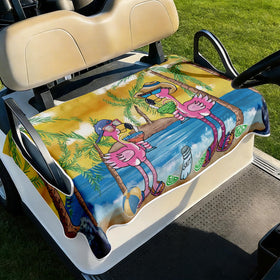 Cylanta flamingo golf cart seat cover on a two-seater cart with beach vibes and tropical style