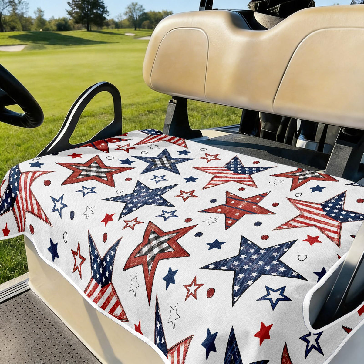 Cylanta patriotic design adds style to a golf cart with red, white, and blue motif.