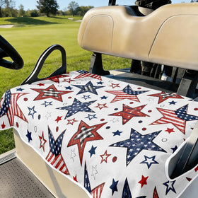 Cylanta patriotic design adds style to a golf cart with red, white, and blue motif.