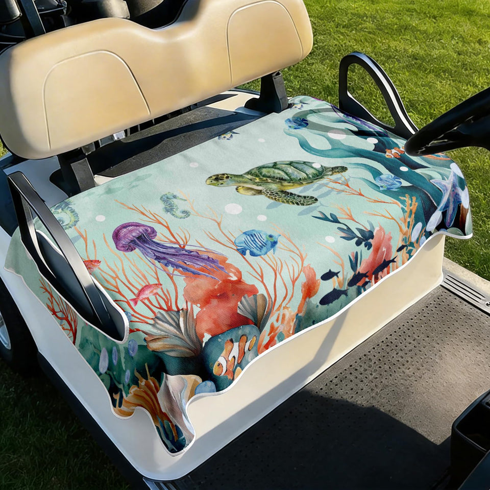 Cylanta sea turtle seat cover on a golf cart, providing grip and comfort.
