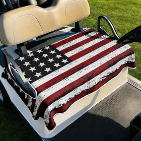 Cylanta vintage flag seat cover on a golf cart seat adds patriotic style and protection.