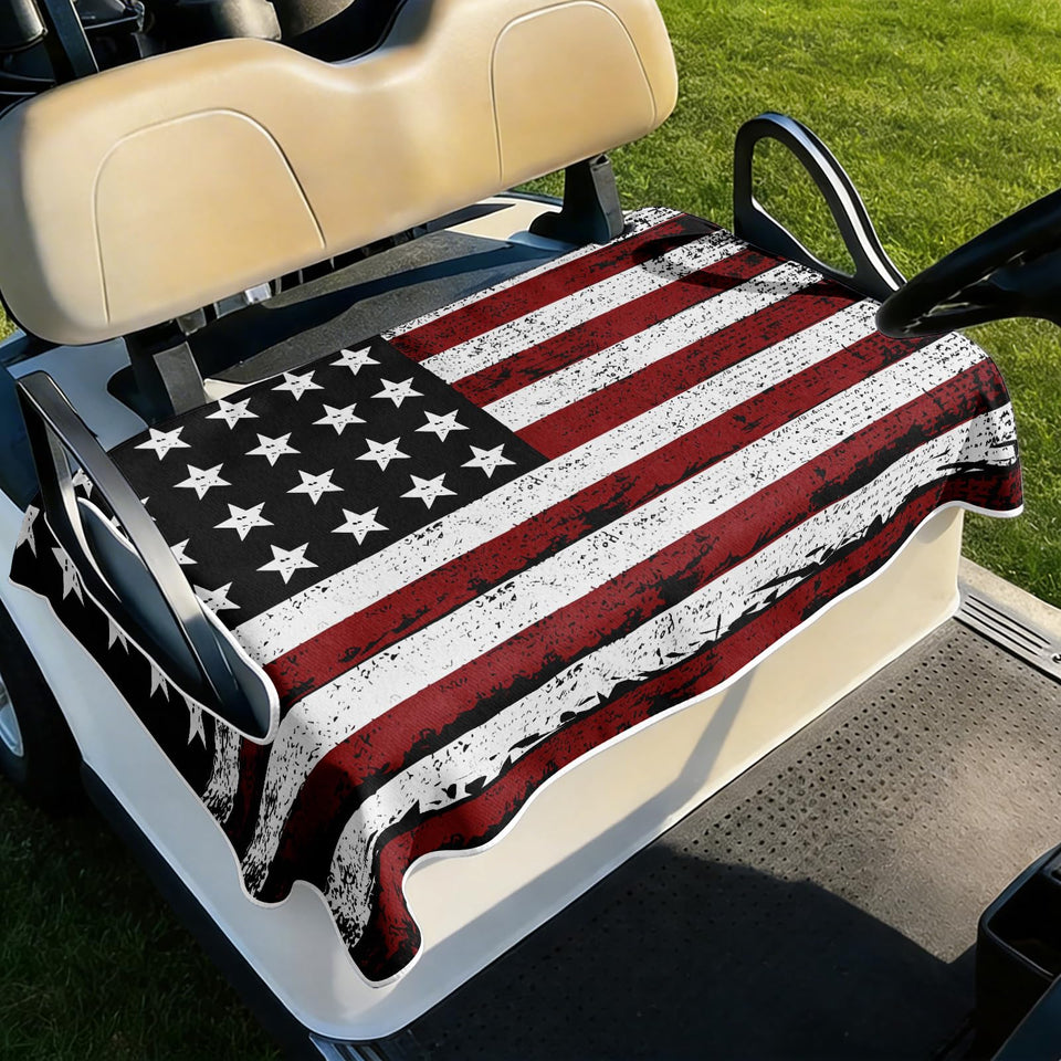 Cylanta vintage flag seat cover on a golf cart seat adds patriotic style and protection.