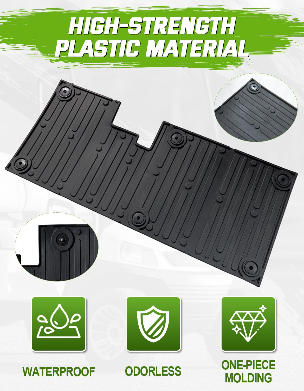 CYOOYC full-coverage rubber floor liner shields cart interior from dirt.