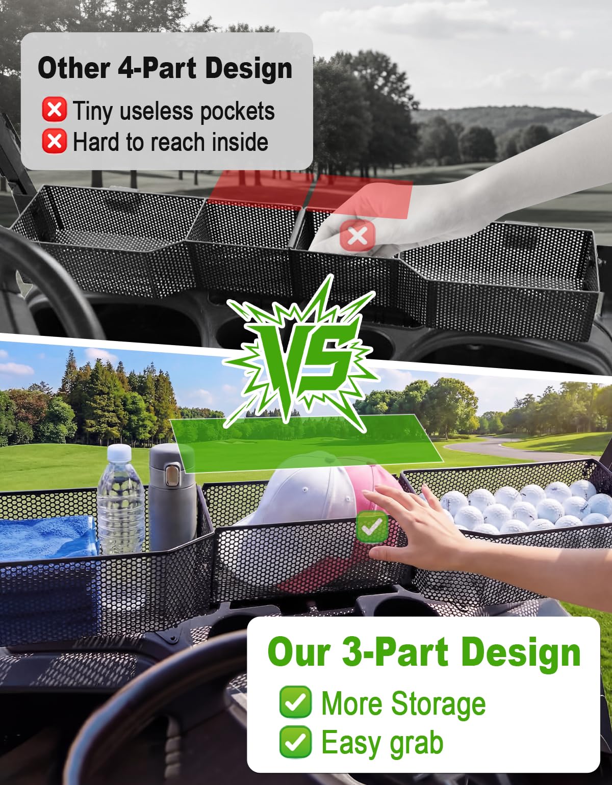 CYOOYC golf cart front storage tray keeps essentials within easy reach.