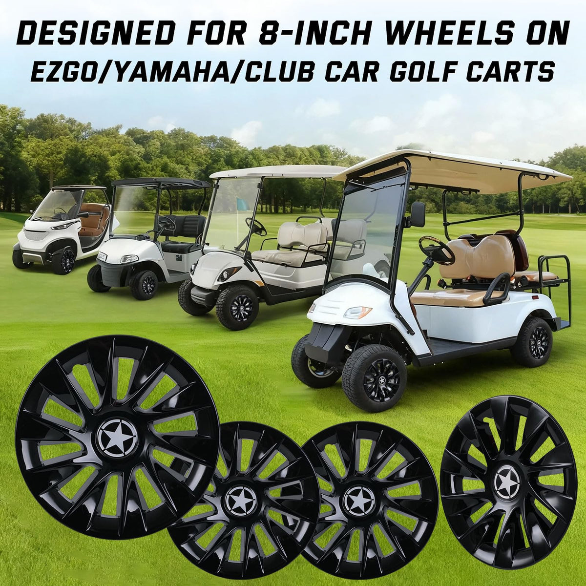 CYOOYC 8-inch hub caps fit EZGO, Club Car, Yamaha models for reliable coverage.