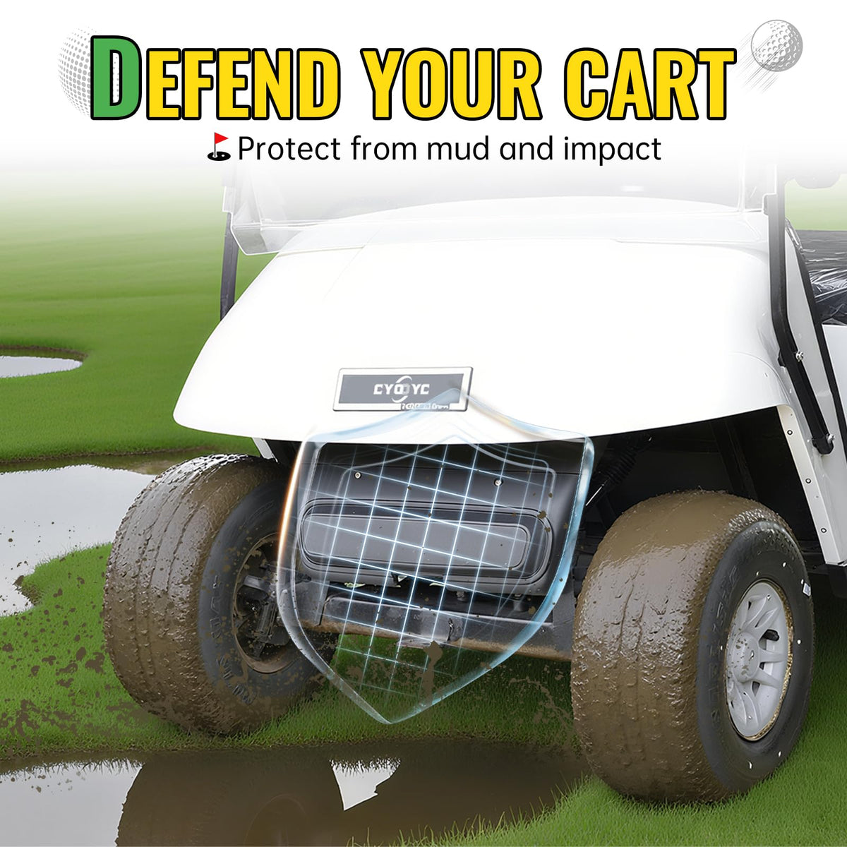 EZGO TXT compatible shield cover under the cowl for durability.