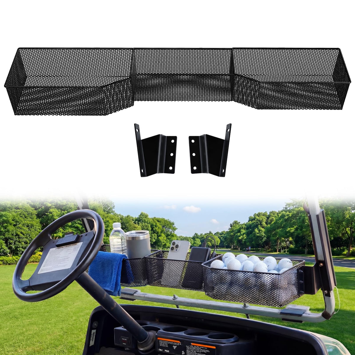 CYOOYC golf front inner basket on EZGO TXT keeps keys and water bottles organized.