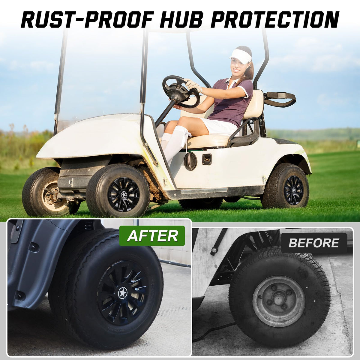CYOOYC snap-on hub cap offers quick, tool-free installation for EZGO, Club Car, and Yamaha.