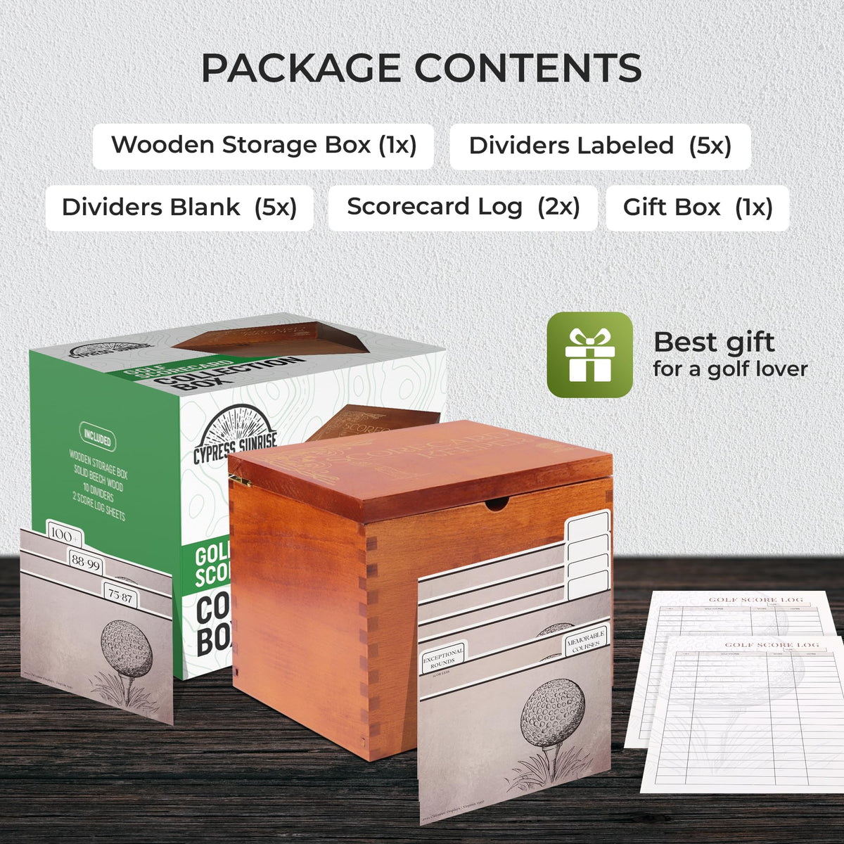 Cypress Sunrise beech wood box stores over 150 scorecards and memories