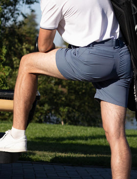 Dababell golf shorts showing the 5-pocket design and zipper pocket for valuables.