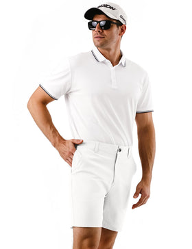 Dababell flat-front shorts on model conveying sporty yet refined look