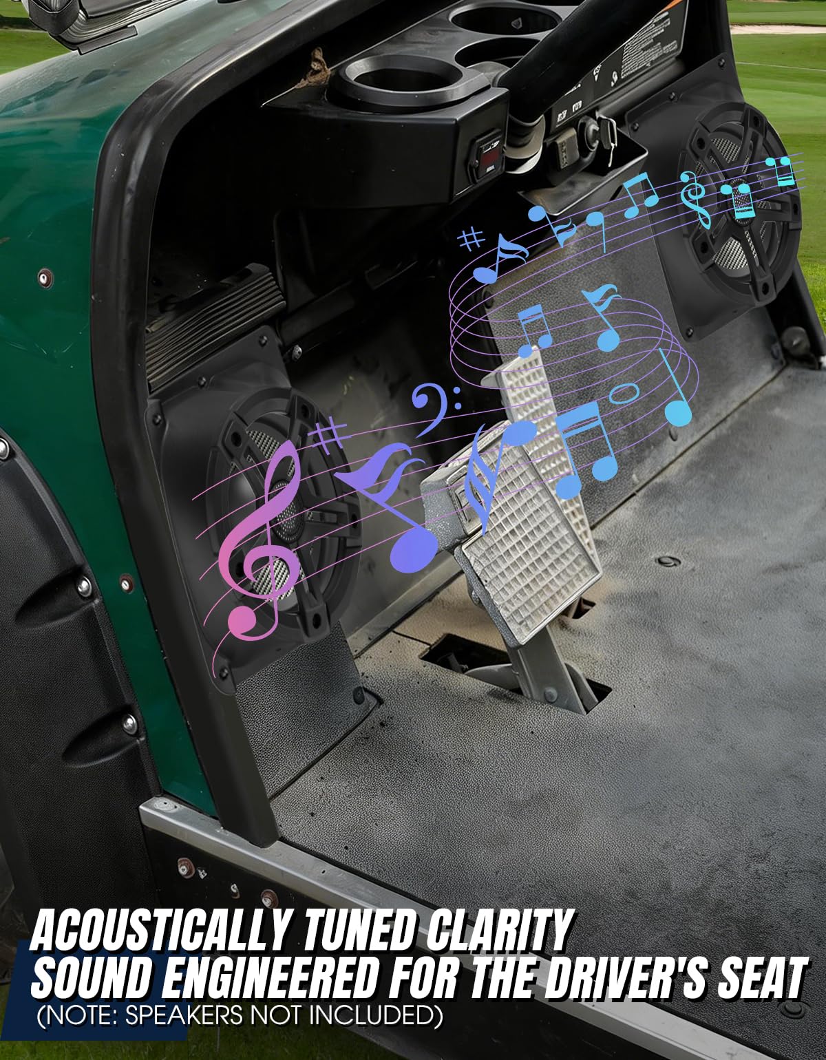 Dacalo front kick-panel mount keeps dashboard clean with space-saving design.