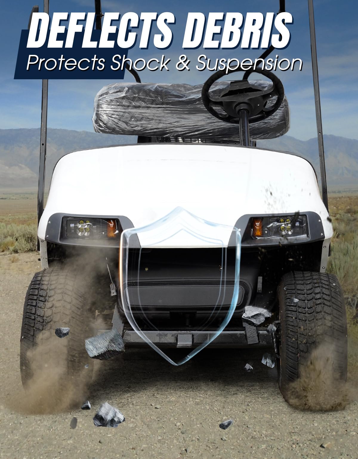 Dacalo shield installed on EZGO TXT demonstrating easy bolt-hole alignment.