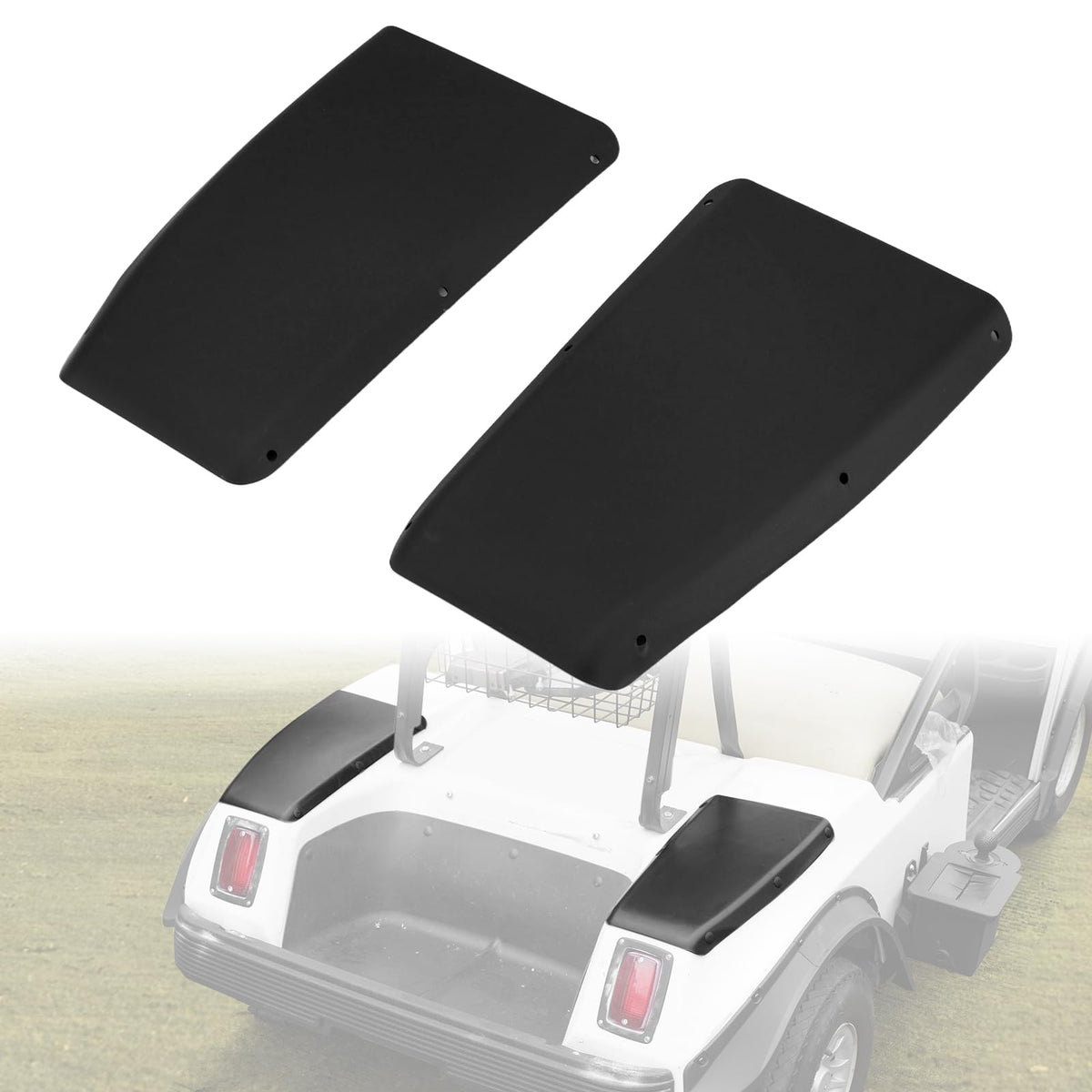Dacalo rear driver-side scuff guard on Club Car DS protects body panels during tight parking.